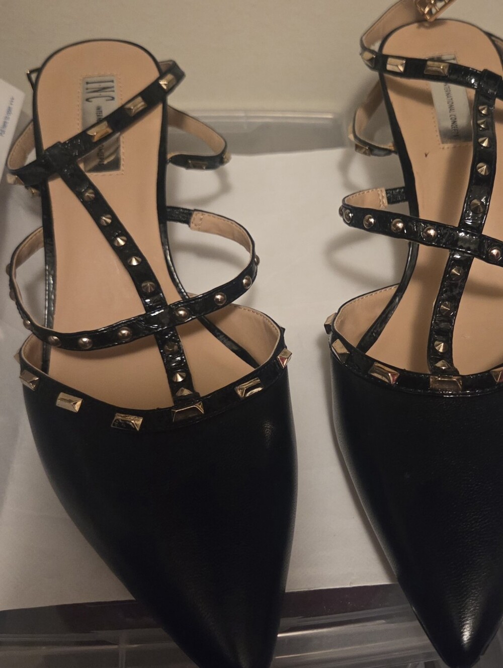 INC International Concepts Black Pointed-Toe Studded Strappy Flats